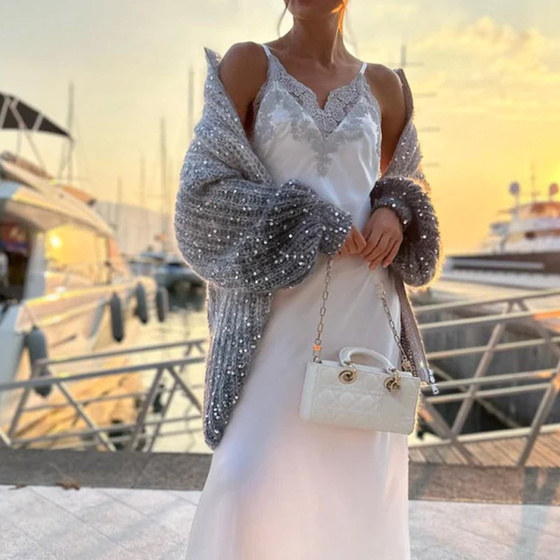 Knitted sweater jacket with solid sequins